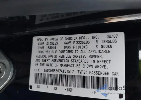 2007 Honda Accord 2.4 Ex from USA, damaged, VIN 1HGCM56897A151517